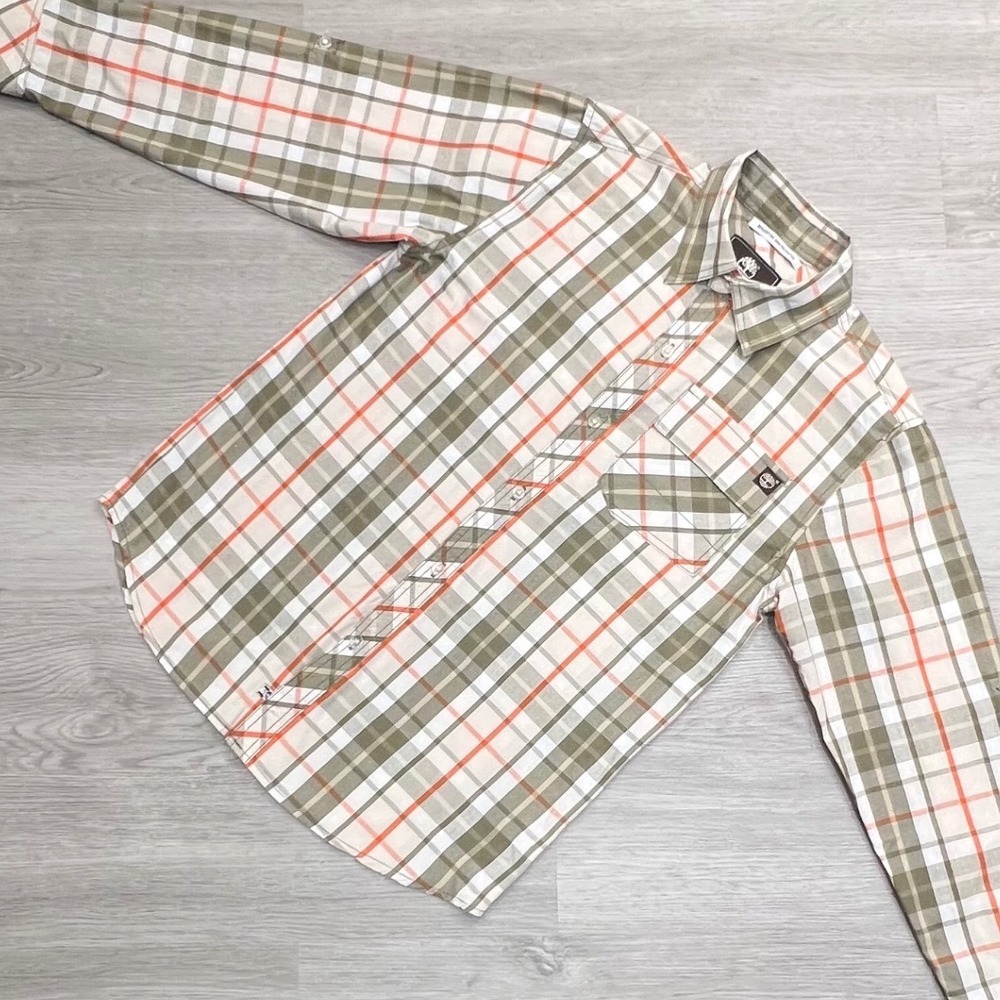 Timberland Boys Long Sleeve Button Up Shirt L/G Green Orange White Cotton Blend
